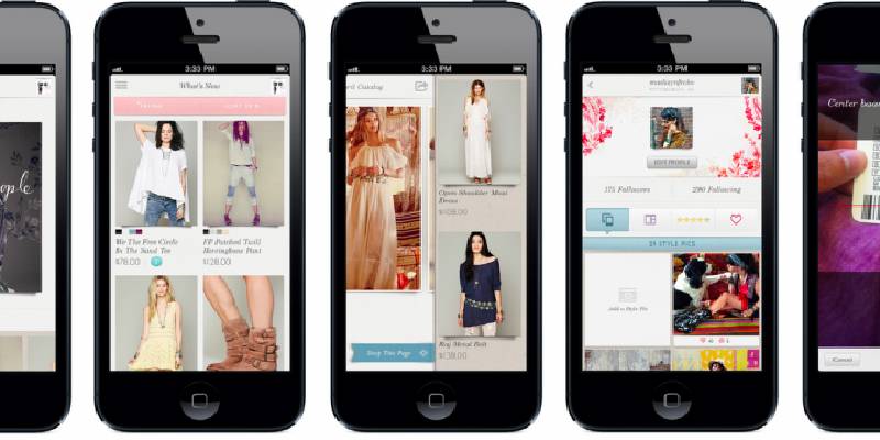 Mobile Apps for shopping displayed on mobiles with images of apparels and their details.