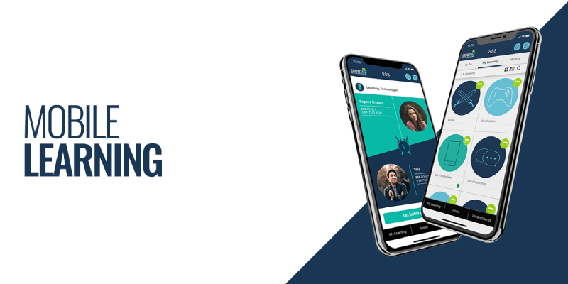There is a text "Mobile Learning" typed near by two smart phones which show two different learning apps.